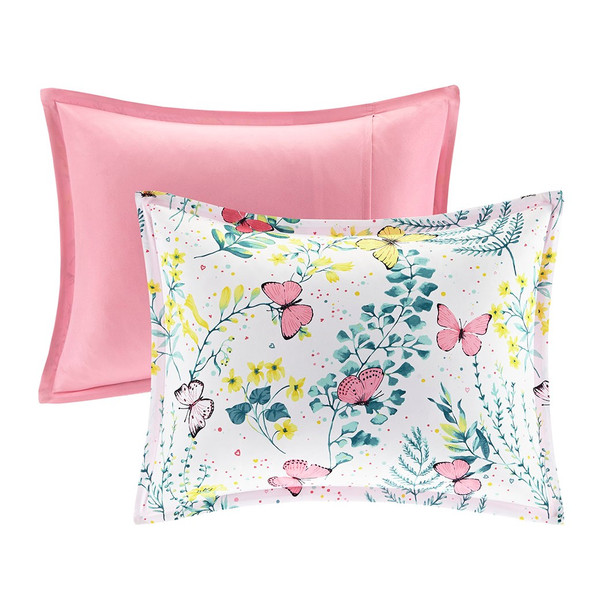 Pink White & Yellow Butterflies Comforter Set AND Decorative Pillow (Cynthia-Pink-Comf)