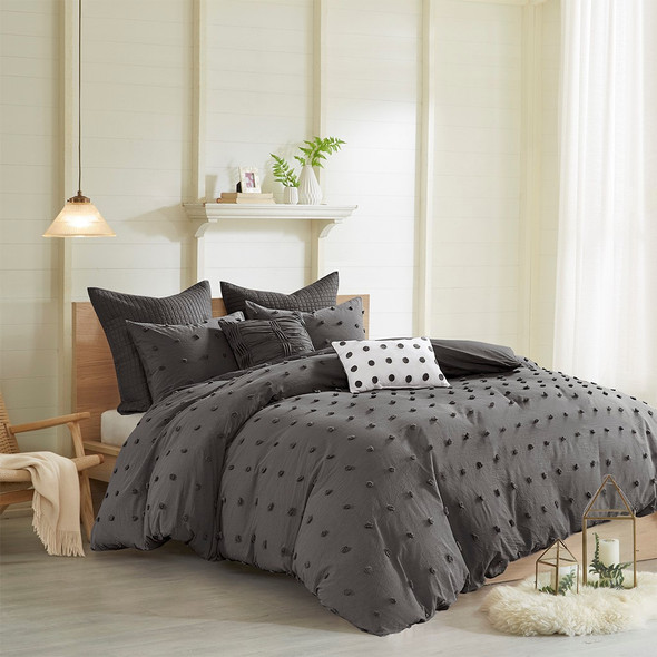 7pc Charcoal Grey Cotton Tufts Duvet Cover Set AND Decorative Pillows (Brooklyn-Charcoal-duv)