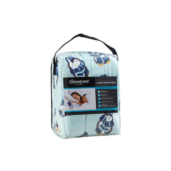 Plush Aqua Blue Penguins Motif Heated Throw w/Heat Settings - 60x70" (Plush Printed -Aqua Penguins-throw)