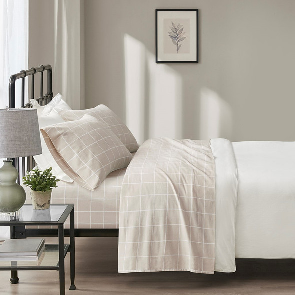 4pc Beige & White Windowpane Oversized Flannel Cotton Sheet Set (Oversized Flannel-Windowpane)