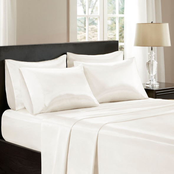 6pc Ivory Satin Wrinkle-Free Luxurious Sheet Set - QUEEN (086569400611)