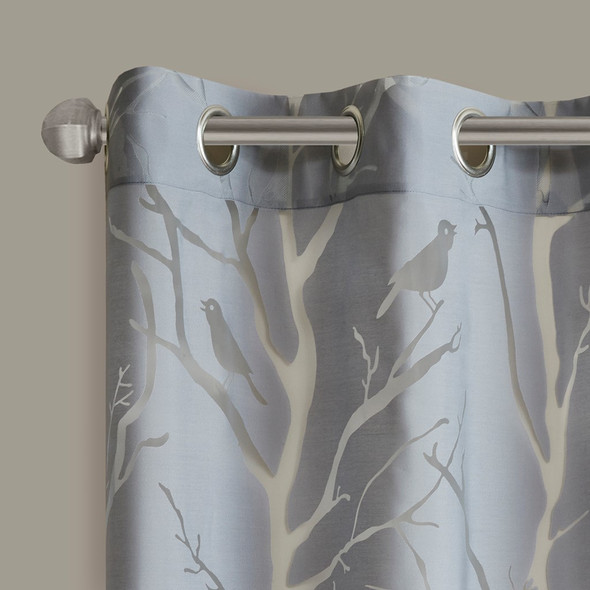 Grey Birds on Branches Grommet Top Sheer Burnout Window Curtain Panel (Averil-Grey-Panel)