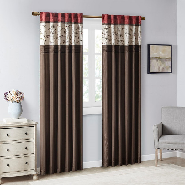 Deep Red & Brown Embroidered Floral Window Curtain Panel - 84" (Serene-Red-Panel)