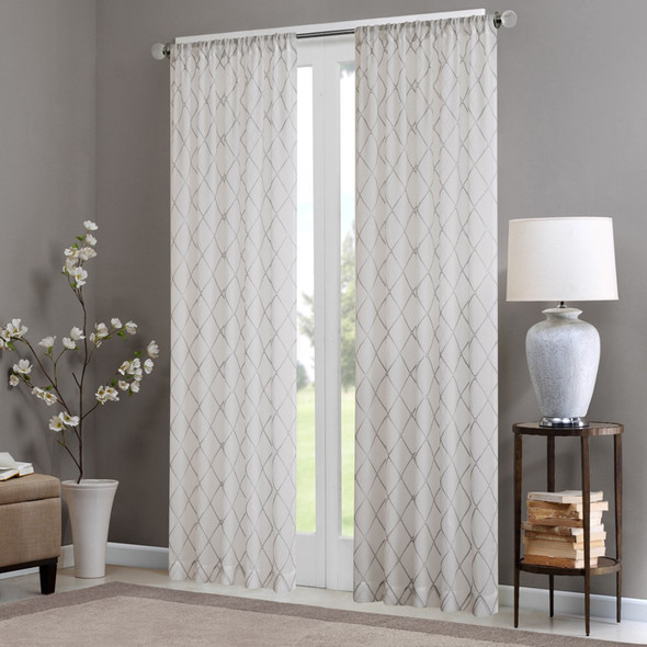 White & Grey Diamond Sheer Embroidered Rod Pocket Window Curtain Panel (Irina-White/Grey-Panel)