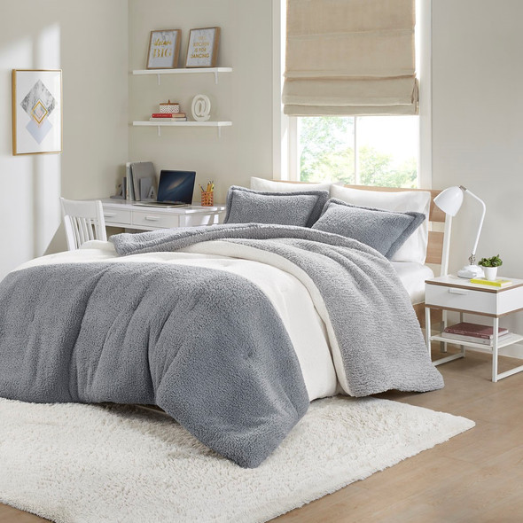 Grey & Ivory Oversized Color Block Sherpa Reversible Comforter AND Decorative Shams (Arlow-Grey/Ivory-Comf)