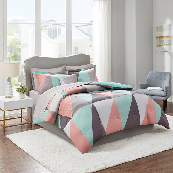 Aqua White & Grey Reversible Comforter Set AND Matching Sheet Set (Remy-Aqua-comf)