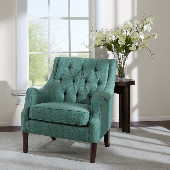 Teal Button Tufted Accent Chair Solid Wood Frame & Legs (675716746353)