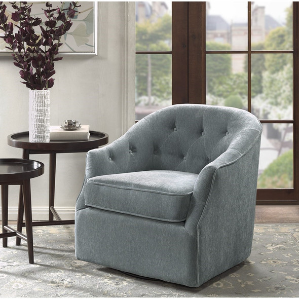 Light Blue Upholstered Swivel Chair Solid Frame curved Wide Back (675716920142)