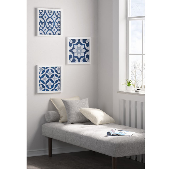 3pc Navy Wall Art Tiles Framed Gel Coated Paper 12" x12" Each (086569548283)
