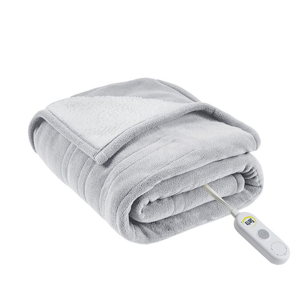 Light Grey Fleece to Sherpa Heated Ultra Soft Fleece Throw 50x60" (086569508041) 