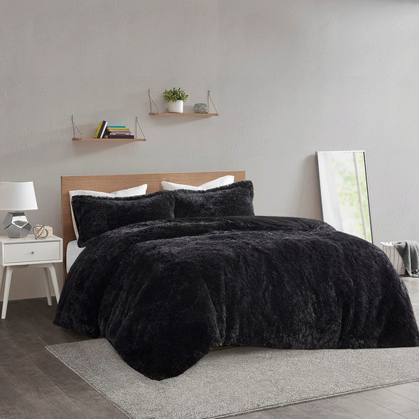 Black Shaggy Faux Fur Duvet Cover AND Decorative Shams (Malea -Black-Duv)