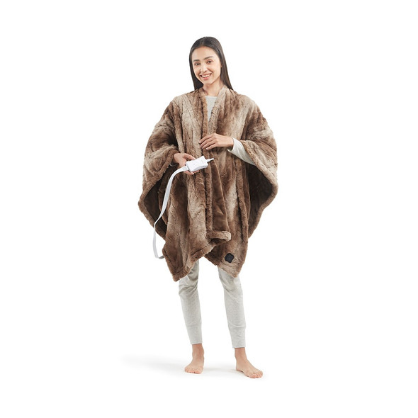 Brown Oversized Heated Faux Fur Wrap w/Built-in Controller - 50x64" (Zuri Faux Fur Heated Wrap-Brown)