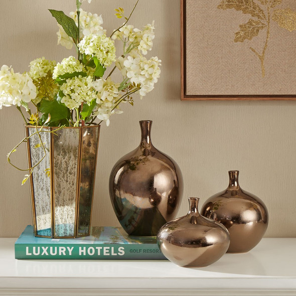 3pc Metallic Bronze Ceramic Vase Set (Ansen-Bronze-Vase) 3pc Metallic Bronze Ceramic Vase Set (Ansen-Bronze-Vase)