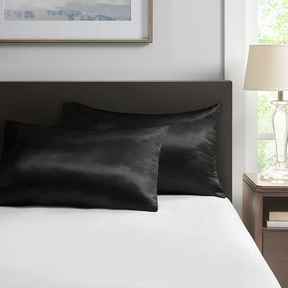  2-Pack Black Silky High-Luster Satin Pillowcases (Satin Pillowcases-Black)