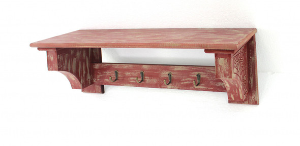 8" x 30" x 9.75" Red Vintage Wooden 4 Metal Hooks - Wall Shelf