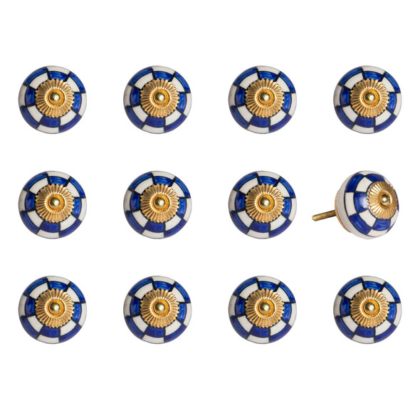 1.5" x 1.5" x 1.5" White Blue and Gold  Knobs 12 Pack