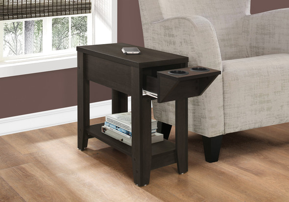 Cappuccino Finish Side  Accent Table with Adjustable Cup Holder Drawer and Bottom Shelf