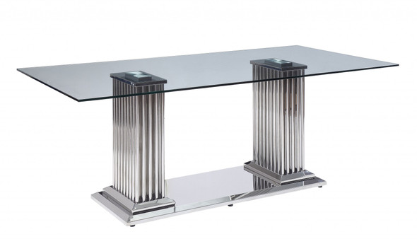 39" X 79" X 30" Stainless Steel Clear Glass Mirror Dining Table wDouble Pedestal