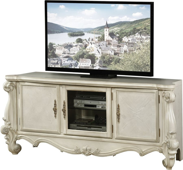 21" X 74" X 31" Bone White Wood Poly Resin Glass TV Console