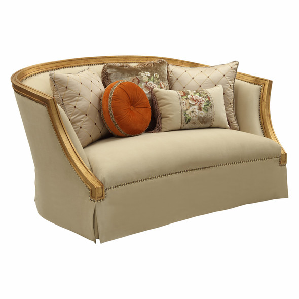 41" X 70" X 38" Fabric Antique Gold Upholstery Wood Leg/Trim Loveseat w/5 Pillows
