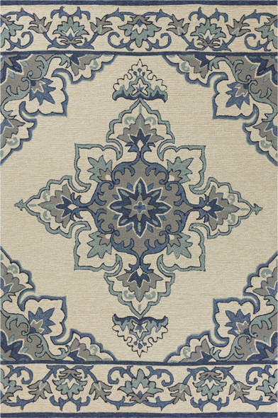 8'x10' Ivory Blue Hand Hooked UV Treated Floral Medallion Indoor Outdoor Area Rug