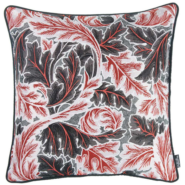 Black Red and White Jacquard Leaf Decorative Throw Pillow Cover