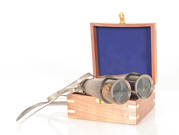 Rustic Brass and Leather Binoculars in Wood Storage Box