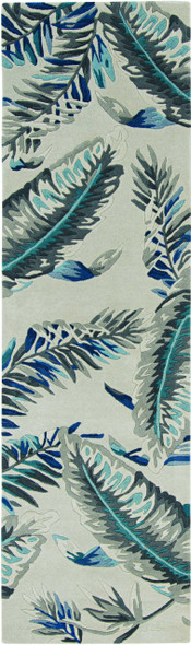 8' Grey Blue Hand Tufted Tropical Leaves Indoor Runner Rug