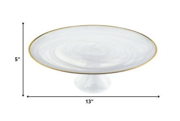 Handcrafted Optical Glass and White Gold Footed Cakestand With Gold Rim