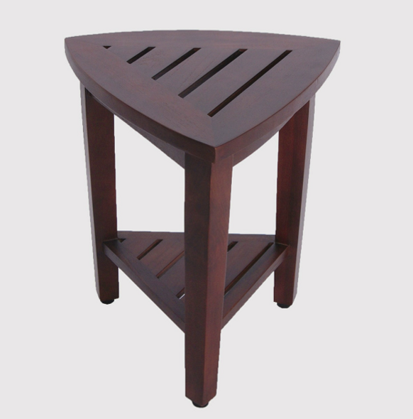 Compact Teak Corner Shower  Outdoor Bench with Shelf in Brown Finish