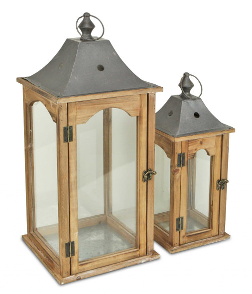 Set of 2 Brown Wood finished Frame Glass and Metal Top Lanterns