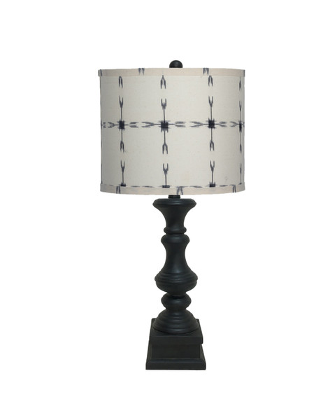 Black Table Lamp with Patterned White and Black Shade