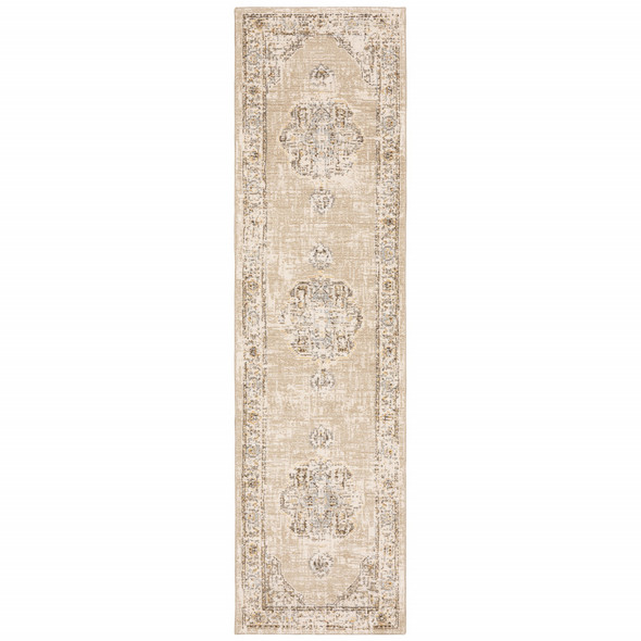 2'x8' Beige and Ivory Center Jewel Runner Rug