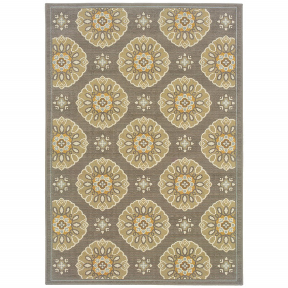 6' x 9' Grey Gold Floral Medallion Discs Indoor Outdoor Area Rug