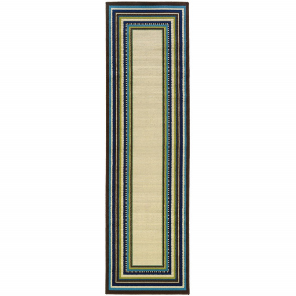 8' Ivory Mediterranean Blue and Lime Border Indoor Outdoor Runner Rug