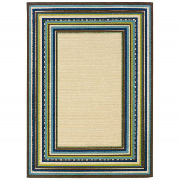 5' x 8' Ivory Mediterranean Blue and Lime Border Indoor Outdoor Area Rug