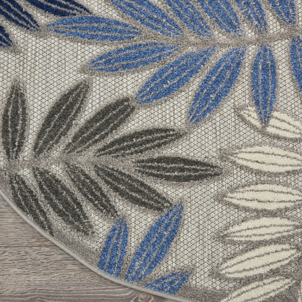 8 Round Gray and Blue Leaves Indoor Outdoor Area Rug