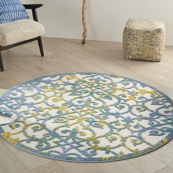 4 Round Ivory and Blue Indoor Outdoor Area Rug