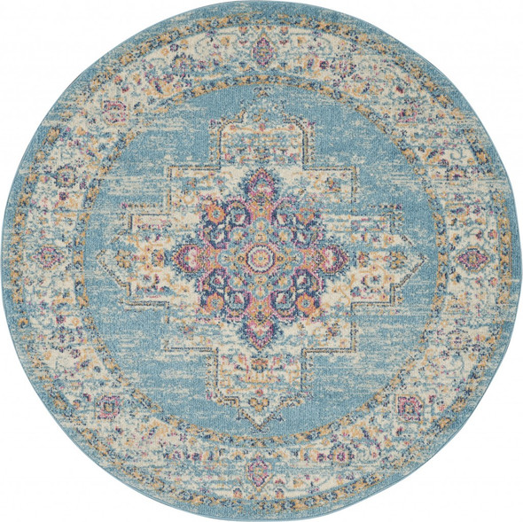 5 Round Light Blue Distressed Medallion Area Rug