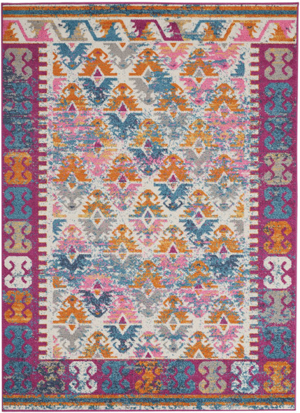 5 x 7 Ivory and Magenta Tribal Pattern Area Rug