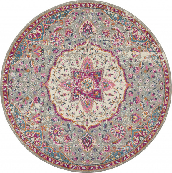 8 Round Gray and Pink Medallion Area Rug