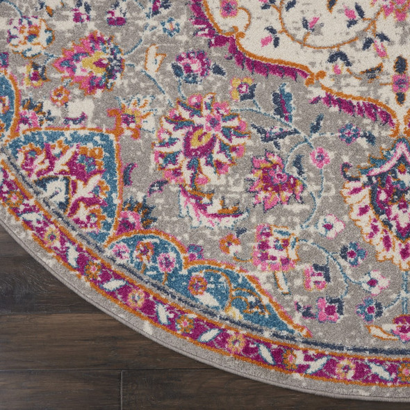 8 Round Gray and Pink Medallion Area Rug