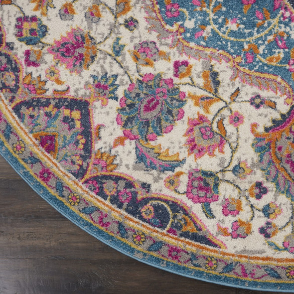 4 Round Pink and Blue Floral Medallion Area Rug