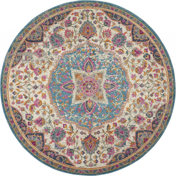 8 Round Pink and Blue Floral Medallion Area Rug