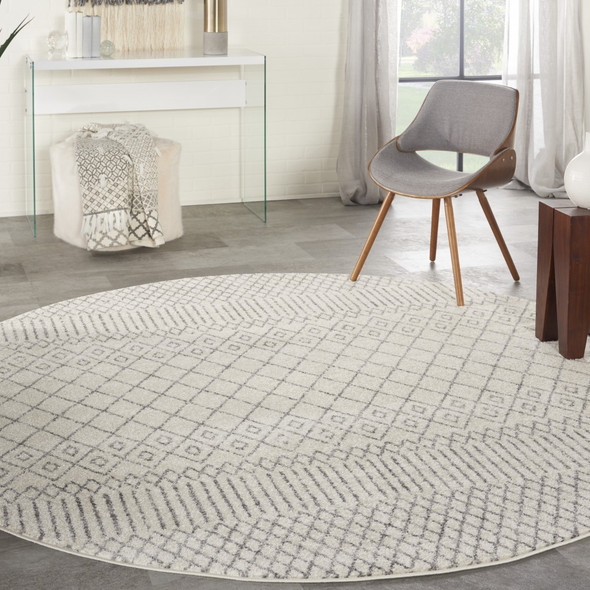 8 Round Ivory and Gray Geometric Area Rug