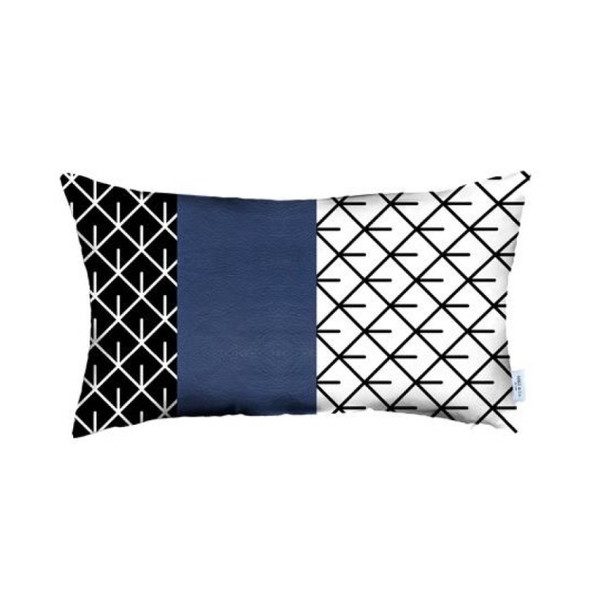 Rectangular Bohemian Lattice Pattern and Navy Blue Faux Leather Lumbar Pillow Cover