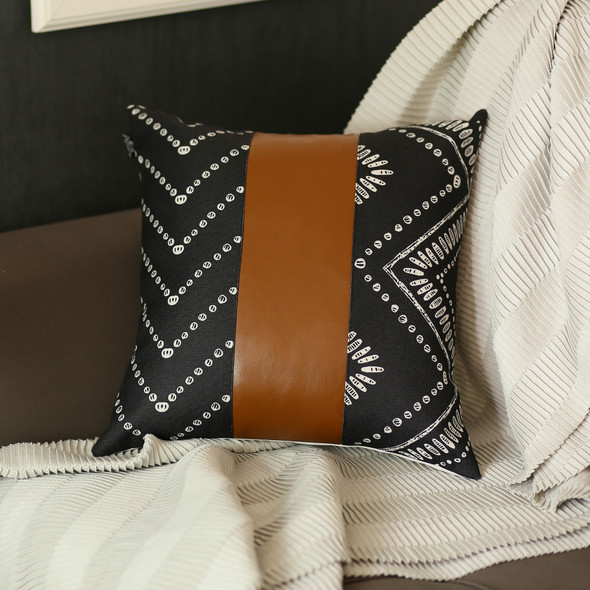 Black and White Pearl Geo with Brown Faux Leather Pillow Cover