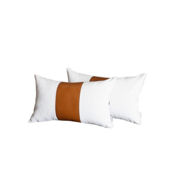 White and Brown Faux Leather Lumbar Pillow Cover