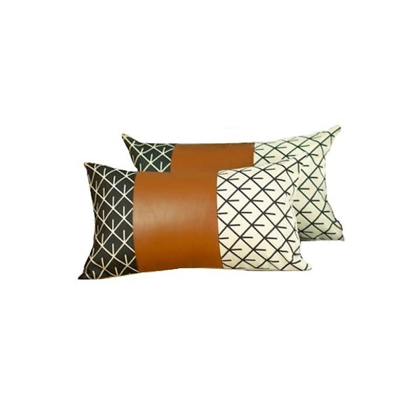 Set of 2 Geometric Lattice Pattern and Warm Brown Faux Leather Pillow Covers