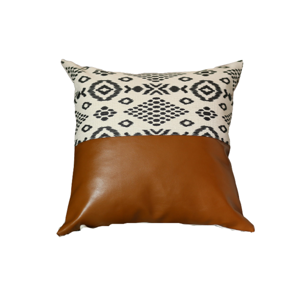 Set of 2 Semi Brown Faux Leather and Eclectic Geometric Patterns Pillow Covers